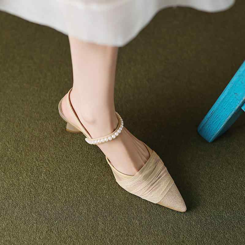 一字帯サンダル 女性用 夏用 仙女風 網? ハイヒール 珍珠 尖頭 包頭 仕事用 灰色 杏色 猪皮内里 軽量 接触冷感 伸縮性 吸湿速乾 履きやすい 普段使い 通勤 通年