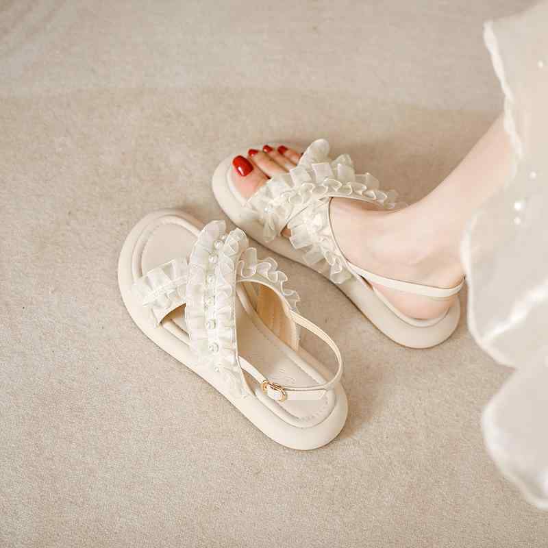 レディース フラットサンダル 珍珠付き 平底 露趾 ストラップ 厚底 夏用 法式風 気質 女性用 シューズ 超?素材 ラバーソール ラウンドトゥ カラーブロック ラッピングストラップ クロスストラップ 軽量 防水 通気性 低カット バックストラップ サイ