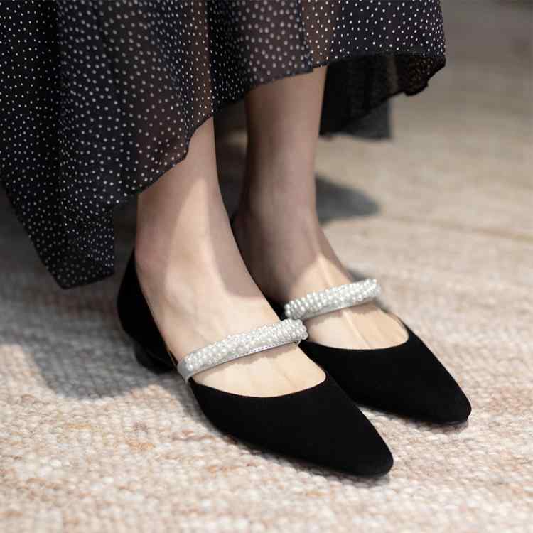女性 フラットシューズ 珍珠 装飾 尖頭 デザイン シングルシューズ 平底 ビーズ 磨砂 加工 中空 構造 オープントゥ サンダル 粗跟 ブラック 杏色 軽量 通気性 快適 歩行 夏向け 女性用 足元 コーディネート アイテム|フォークBR