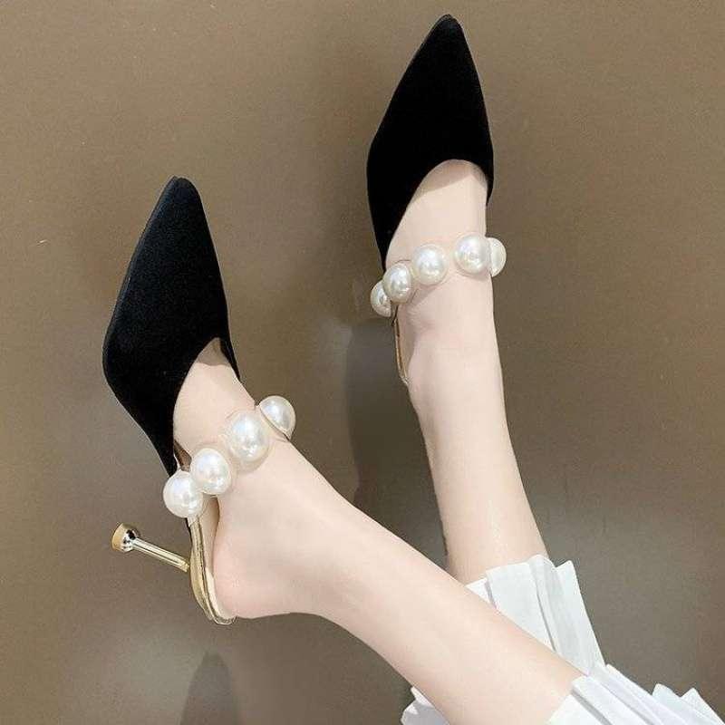 サンダル 女性用 黒 8cm 細ヒール 尖頭 ムーラー 半足 オープントゥ 人造真珠 装飾 軽量 PU 素材 夏 ポップ スタイル 通気性 快適 歩きやすい ファッション 足元 おしゃれ コーデ アイテム