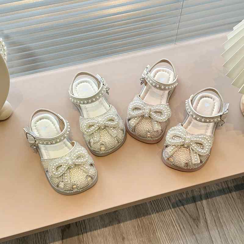 女児 キッズ 子供用 夏季 夏 プリンセス サンダル かわいい 女の子 女童 ピンク 米白 珍珠 装飾 蝶結 リボン 包頭 トゥキャップ 安全 ベビー 歩きやすい 人造革 合成皮革 魔術貼 ベルクロ 調整可能 ファッション レジャー ビーチ 沙? 靴 軽