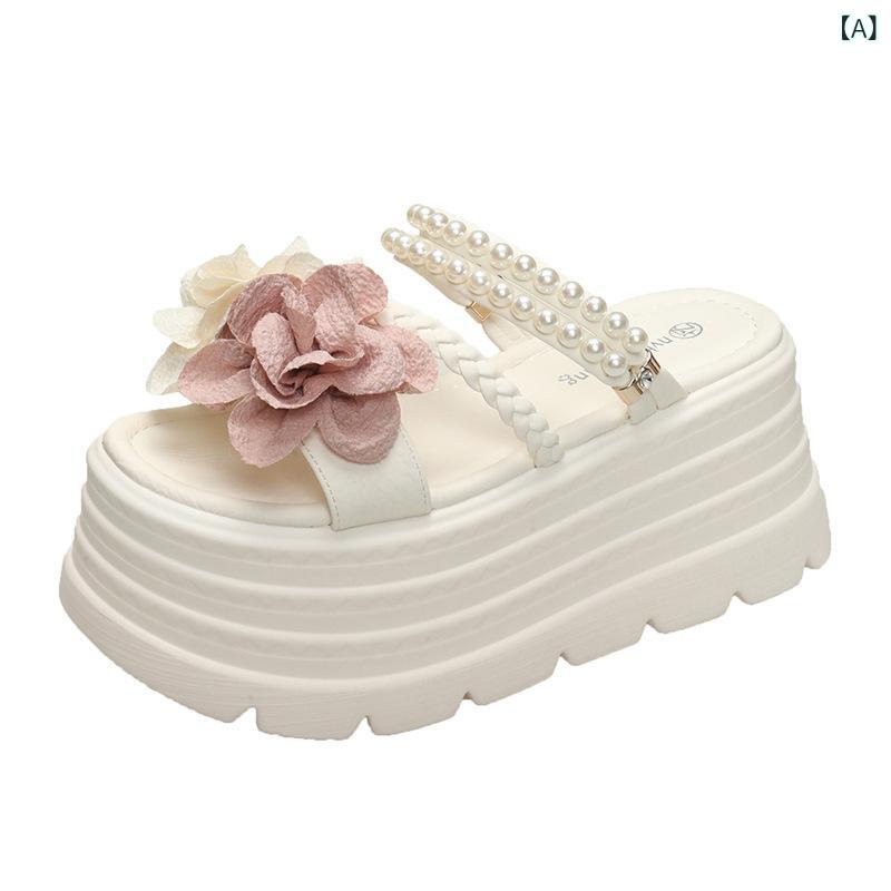 レディース 夏用 厚底 クッションサンダル 花柄 ビーズ装飾 2way デザイン 8cm ヒール フラットシューズ タイプ シルクサテン素材 丸トゥ ラバーソール 合成繊維内張り かわいい キャンパススタイル 軽量 通気性 米白色 ブラック 普段使い 外