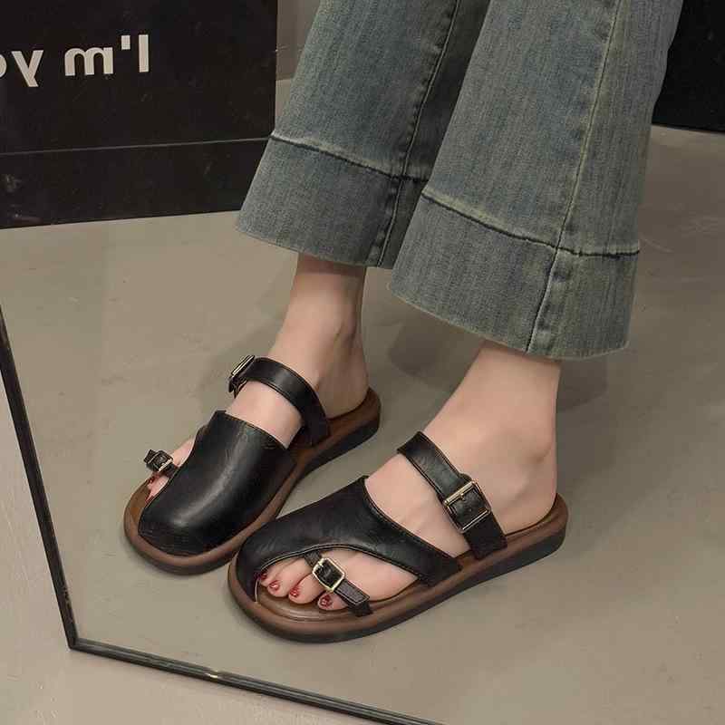 サンダル 女性用 春夏 日常使い ファッション フラットシューズ ワンストラップ 仙女風 珍珠 フリル ブラック 米白色 ブラウン 布地 通気性 軽量 切り替え柄 ゴムソール セットフット 3cm～5cm厚底 平底 かわいい ビンテージ スタイリッシュ