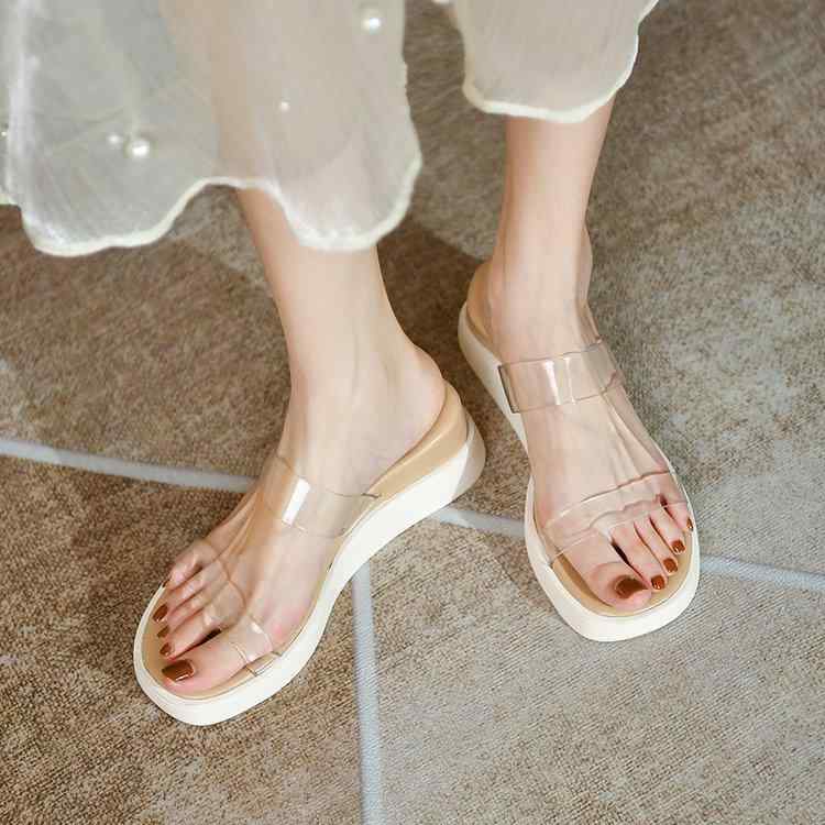 サンダル 女性用 夏 黄色 杏色 厚底 ヒール ストラップ 透明 日常 休? 丸頭 PU素材 ゴム底 接触冷感 軽量 通勤 普段使い ハイウエスト ビッグシルエット Vネック 伸縮性 吸湿速乾