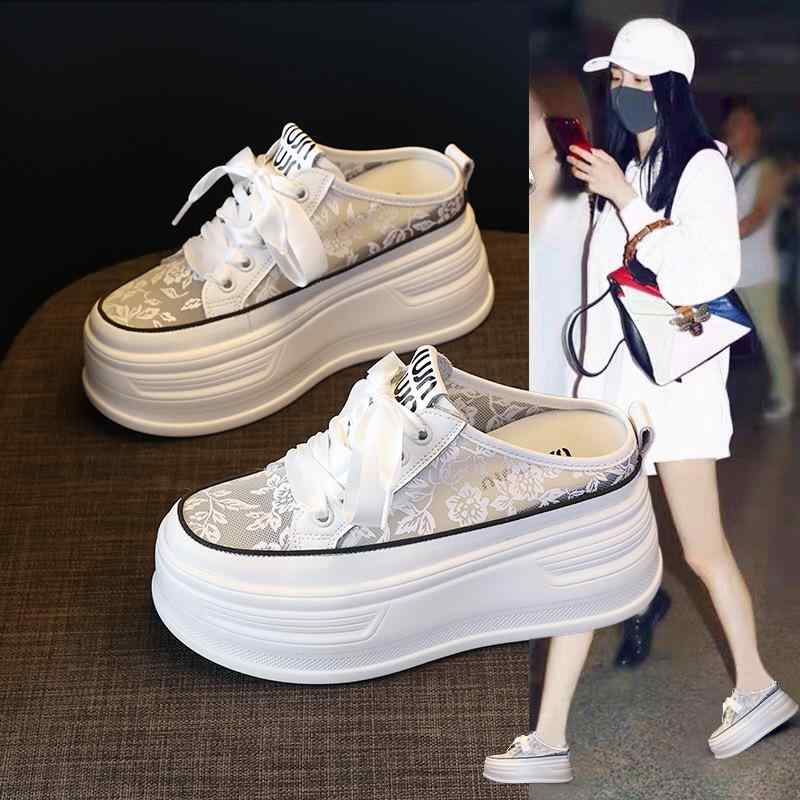 サンダル 女性用 夏 厚底 8cm内増高 包頭 丸頭 厚底ソール ポリウレタン底 メッシュ内側 二層牛革 韓風 仙女風 厚底サンダル 軽量 伸縮性 白色 ピンク系 通勤用 普段使い アウトドア ビッグシルエット Vネック風 接触冷感 吸湿速乾 高級感 再