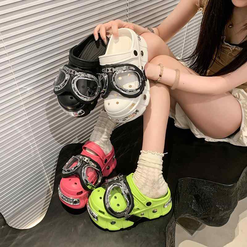 女性 洞洞靴 厚底 ビーチサンダル ファッション クローズドトゥ シューズ 韓国スタイル 黒 白 蛍光グリーン ローズレッド ルームウェア 軽量 伸縮性 夏 春夏 キャンバス素材 ラバーソール ビッグシルエット ピンク系 グリーン系 カジュアル 日常使い