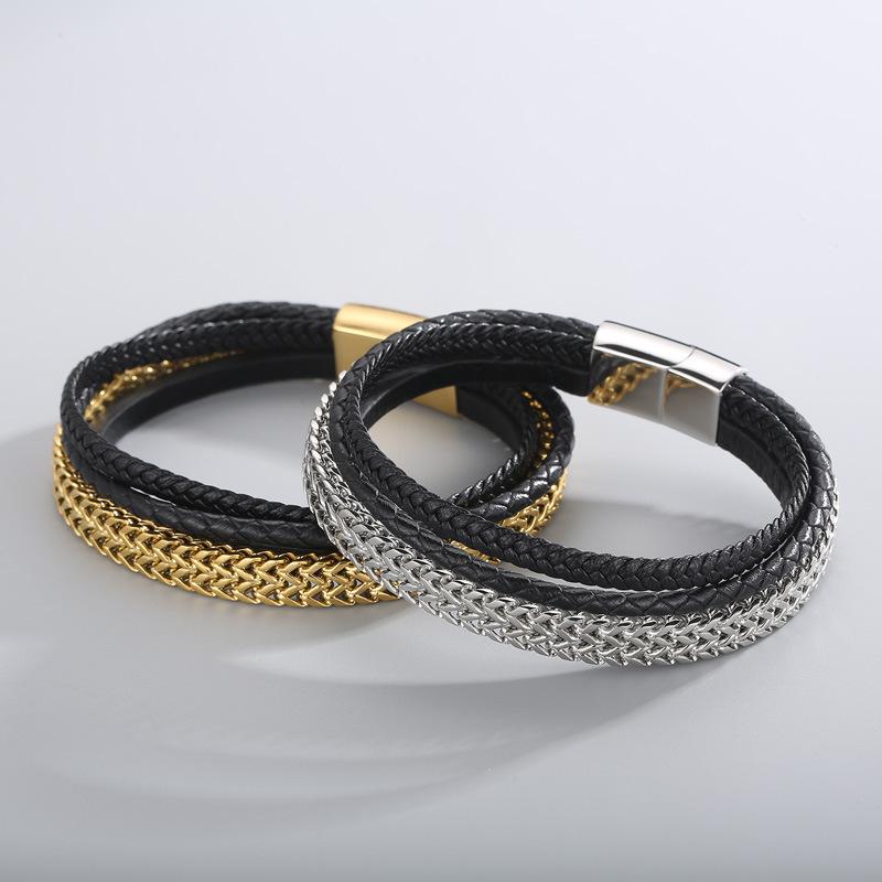 メンズ 手首アクセサリー 編み込み 牛革 チェーン ステンレス レイヤード ブレスレット バングル 腕輪 金色 鋼色 黒色 ジオメトリック デザイン 通勤 普段使い 軽量 耐久性 夏 コーディネート アイテム