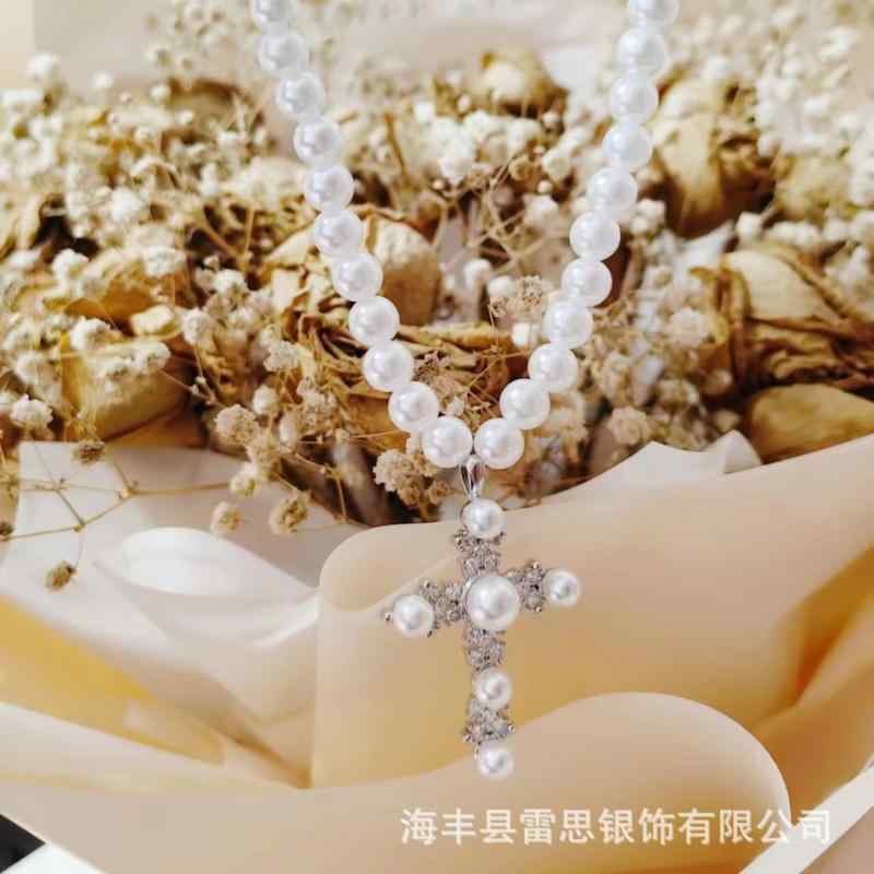 ネックレス メンズ レディース ユニセックス 復古風 珍珠 十字架 チェーン 毛衣 レイヤード 欧米スタイル トレンド バロック 切り替え スパイシー ハン版 韓流 清楚 甘い 幾何学 形状 銀色 金色 925銀 手作り 軽量 41cm 50cm