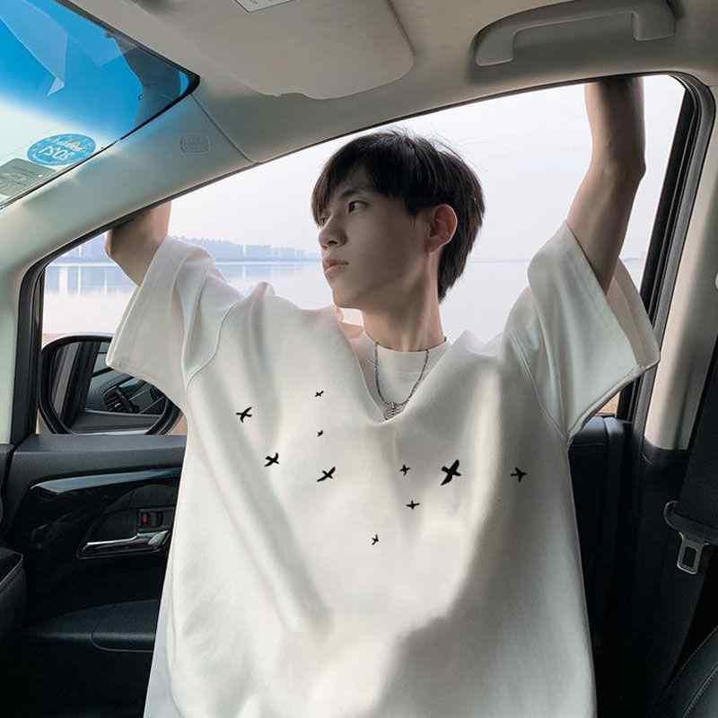 メンズ Tシャツ 半袖 綿 素材 黒 白 深灰 カラーバリエーション ゆったり シルエット 丸首 プリント デザイン 燕子 鳥柄 透気性 機能 日常 普段使い カジュアル スタイル 通年 対応 青少年 向け ゆったり トップス 半袖 トップス 綿 100