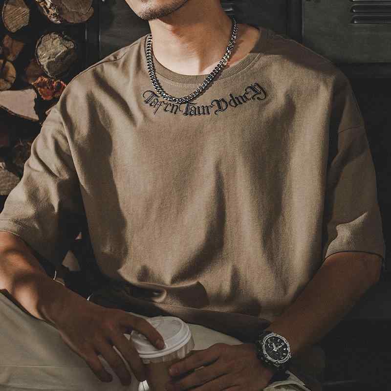 メンズ Tシャツ 短袖 綿100 透気性 薄手 ゆったりシルエット 大きいサイズ 無地 刺繍 立体裁剪 丸首 セットインスリーブ クリエイティブプリント 水洗加工 カーキ ブラック ホワイト 夏 休? 青年向け