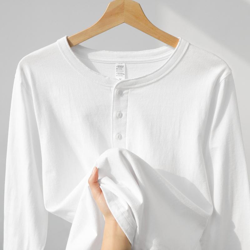 メンズ 長袖 Tシャツ ヘンリーネック 綿100% 重厚 ビンテージ アメリカンスタイル ゆったり インナー トップス 白色 黒 ネイビー グレー ベージュ 秋冬 春秋 通気性 防皺 抗菌 吸湿速乾 針織袖 セットインスリーブ ラフスタイル