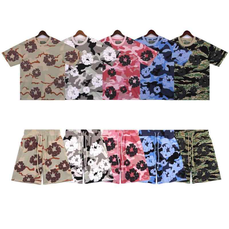 Tシャツ セットアップ 迷彩柄 短袖 Tシャツ ショートパンツ ユニセックス ゆったりシルエット コットン 素材 吸湿速乾 透気性 防シワ ラウンドネック プリント加工 迷彩ブルー 迷彩アーモンド 迷彩ピンク 迷彩グリーン 迷彩グレー 青春カジュアル 日