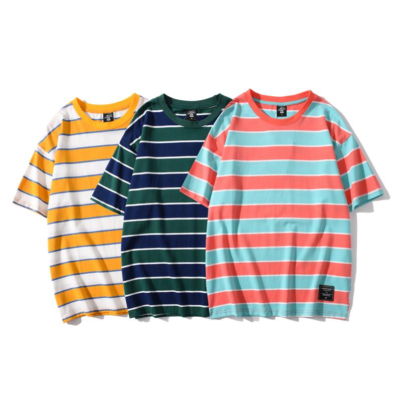 メンズ Tシャツ 短袖 条紋 綿素材 100% 丸首 セットイン ゆったりシルエット 切り替えデザイン 緑 黄色 西瓜赤 春夏 秋 季節 レジャー 普段使い 吸湿速乾 軽量 伸縮性 青年向け カジュアル トップス ユニセックス 情? ストリートファッショ