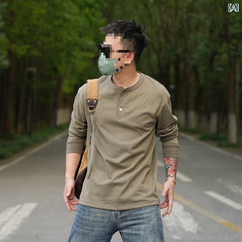 メンズ Tシャツ 長袖 丸首 コットン 素材 ビッグシルエット ゆったり ルーズフィット 復古 スタイル ミリタリー 調 インナー トップス ユニセックス 普段使い 通勤 秋冬 暖か 加厚 軍緑 ネイビー グレー ホワイト ベージュ 純色 プリント 加工