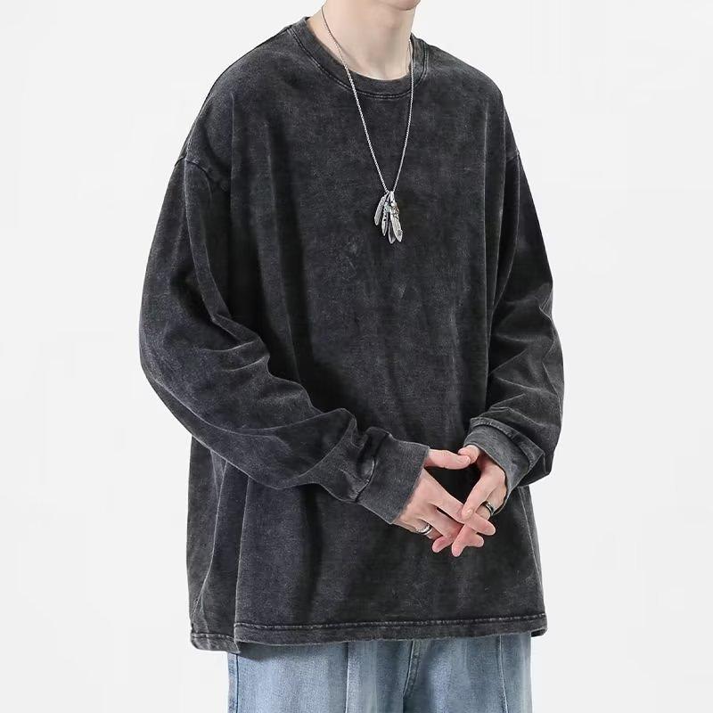 メンズ 長袖 Tシャツ トップス コットン 100% 純綿 ビンテージ風 洗い加工 ゆったり ルーズフィット ラウンドネック セットイン 秋冬 春秋 ユニセックス カジュアル ストリート 普段使い 軽量 ソフトタッチ 無地 ブラック グレー ベーシック