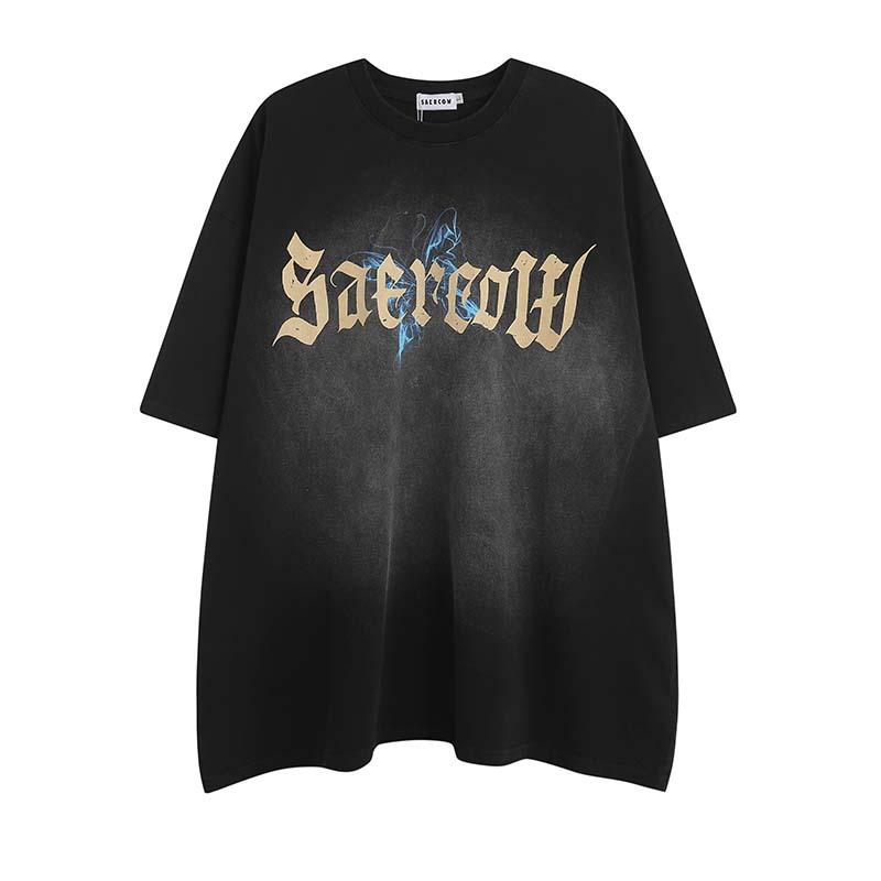 メンズ Tシャツ 短袖 ゆったり 綿混紡 アルファベット プリント 洗い加工 レトロ 国潮風 夏 黒 ワインレッド パープル ティーン向け カジュアル トップス ゆったりシルエット 吸湿速乾 軽量 普段使い アウトドア