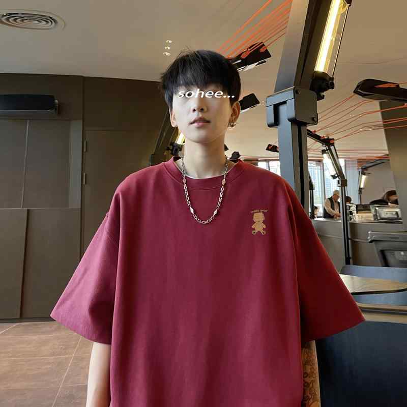 Tシャツ メンズ 夏用 綿100% 重厚短袖 七分袖 オーバーサイズ 半袖 ルーズフィット 休日カジュアル 上着 吸湿速乾 丸首 無地 幾何学プリント 免アイロン加工 ワインレッド ホワイト ブラック ミントグリーン ライトカーキ ネイビー 美式レトロ