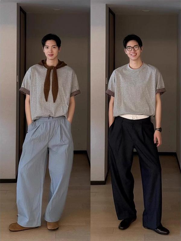 T シャツ メンズ 短袖 夏用 韓国風 切り替え チェック柄 折り返し袖 ゆったり 綿100 無地 丸首 普通厚 休日着 グレー ブラック