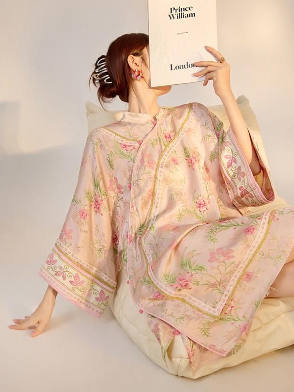 シャツ 女性用 春夏 ピンク系 再生繊維 植物花卉 刺繍 長袖 立領 単排ボタン 印花 切り替え 基本款 緩いシルエット 中長丈 チャイナ風 軽量 通勤 普段使い 部屋着 吸湿速乾 伸縮性 かわいい 気質 復古 カジュアルスタイル
