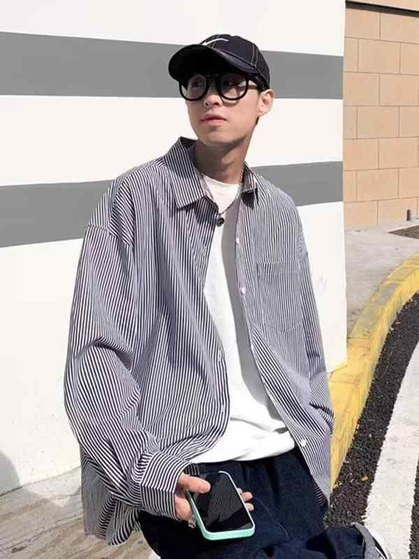 メンズ 長袖 シャツ トップス ブルー ストライプ 柄 ポリエステル 素材 ポリエステル ?? 96パーセント以上 接触冷感 軽量 通気性 吸湿速乾 機能 翻? デザイン ポケット 装飾 ゆったり シルエット ワイド フィット 痩せ型 スタイル カジュア