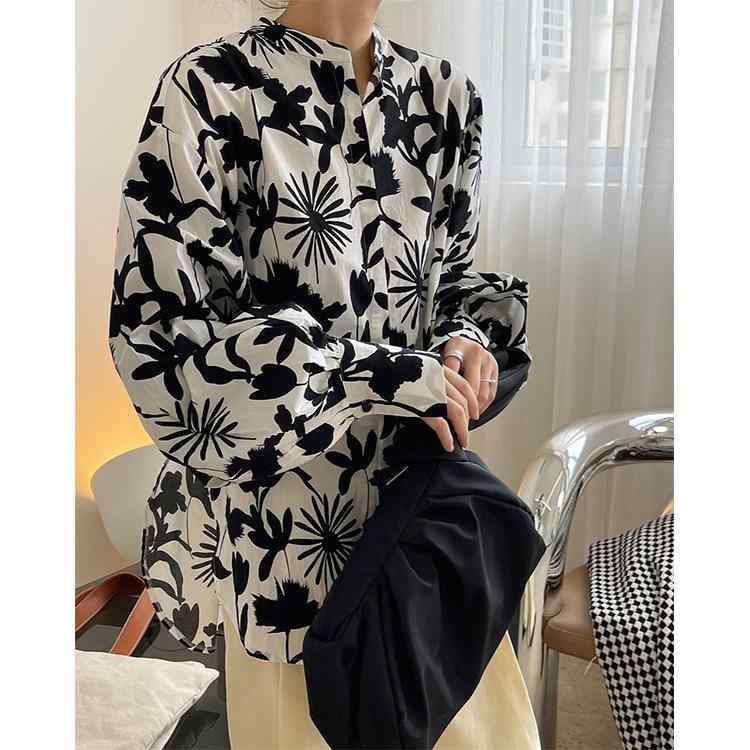 秋冬 ティーシャツ レディース 定まり 黒白 草木花卉 刷り上げる 立領 灯?袖 長袖 長丈 ゆったり 猥りがわしい 綿 原料品 花柄 トップス トップ 日常使い走り 軽さ 吸湿性 伸縮性 返り咲き 表現スタイル 心地好い フレンチ 風 花卉 柄 ゆったり 影ぼうし 着痩せ 効