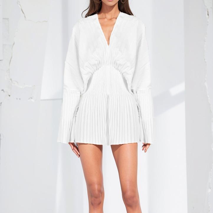 秋冬 シャツ 女性用 気質 通勤 かわいい トップス Vネック ハイウエスト 切り替え フレアスリーブ 長袖 中長丈 純色 ポリエステル 再生繊維 しわ加工 軽量 伸縮性 ブラック ホワイト ブルー 知性風 ゆったりシルエット 吸湿速乾 接触冷感 秋 ウ