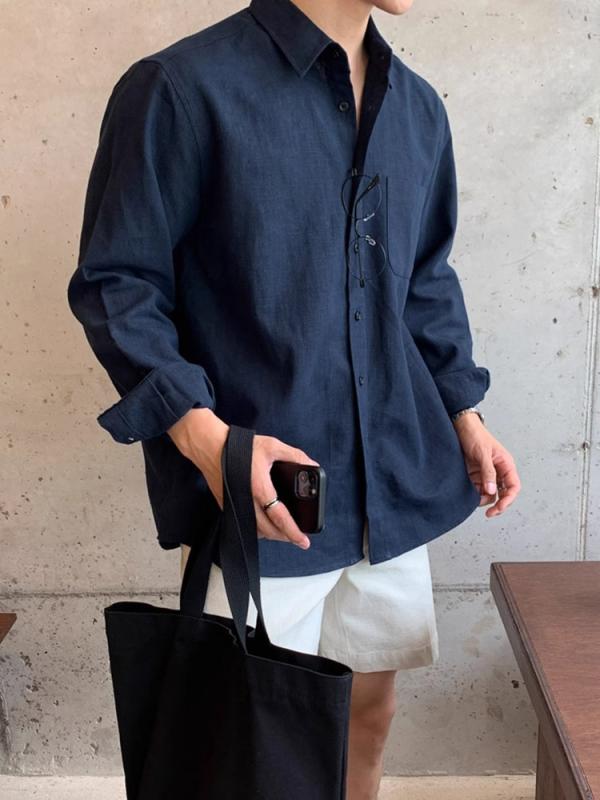 メンズ 長袖 シャツ トップス 春秋 開襟 デザインシャツ ポリエステル 吸湿速乾 軽量 伸縮性 口袋付き ブルー ブラック ゆったりシルエット ラフスタイル 日常使い 成人用
