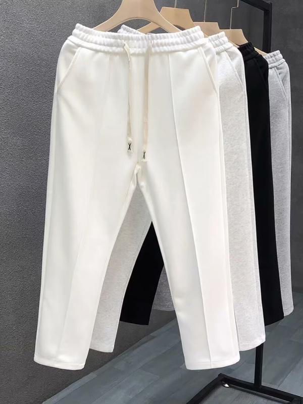 メンズ ゆったり 直筒 ロングパンツ 韓国風 トレンド 薄手 スウェットパンツ ミドルウエスト ドローストリング クロップド丈 春 マイクロストレッチ 抗菌 化繊混紡 ホワイト ブラック グレー カジュアル デイリー 軽量 伸縮性 ゆったりシルエット