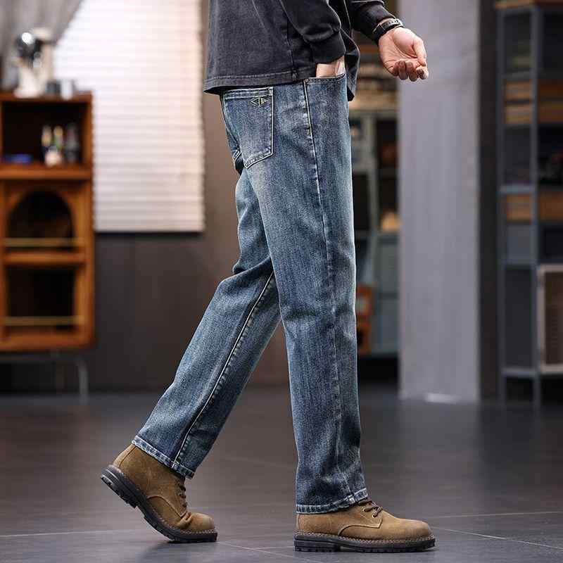 メンズ デニムパンツ 秋冬 厚手 ストレート ハイウエスト ワイドレッグ リラックス 伸縮性 ファッション コットン ユース 日常 長丈 微弾力 立体剪裁 多ポケット 猫須加工 水洗 ヴィンテージブルー ライトブルー ネイビー ブラック グレー系