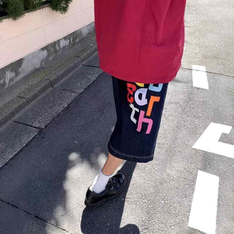 メンズ デニム 七分丈 ショーツ 直筒 ワイドレッグ ズボン 夏用 綿素材 60%以上 微弾性 中腰 ジッパー 開閉 水洗加工 印花 デザイン ポケット 装飾 ブルーグレー 日常 ストリート カジュアル ティーン向け ゆったり シルエット 通勤 普段使い
