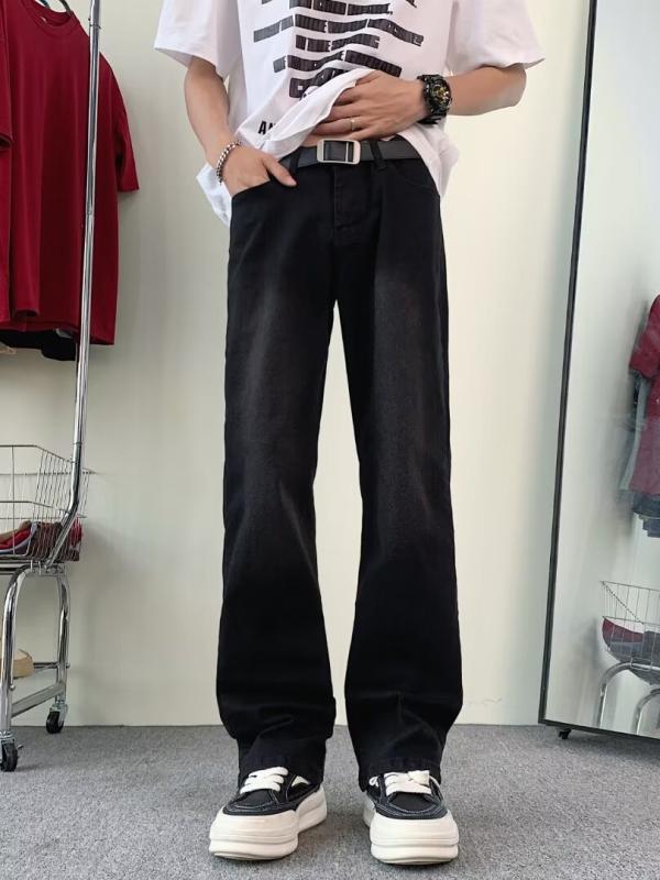 メンズ デニムパンツ 直筒 ワイドレッグ ゆったり ストレート ロングパンツ ミディアムウエスト ジッパー ミディアム厚 マイクロストレッチ ウォッシュ加工 イージーケア ブラック コットン混 ポリエステル混 日常使い 春夏 ティーンエイジャー向け カジ