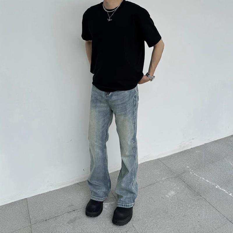 メンズ 牛仔パンツ ライトブルー 水洗 直筒型 中腰 薄手 綿素材 ノンストレッチ ゆったりシルエット 復古風 夏用 ストリートカジュアル 長ズボン 日常使い 軽量 垂感 青少年向け