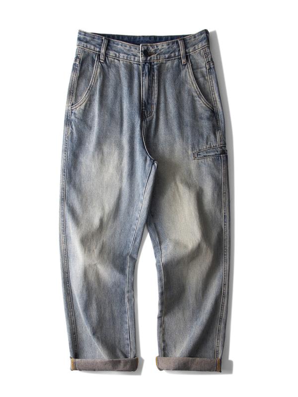 メンズ デニムパンツ 秋冬 直筒 ワイドレッグ 中腰 綿素材 砂洗加工 黄泥色 黒 ゆったりシルエット ポケット 装飾 厚手 コットン91パーセント ノンストレッチ ロング丈 ラフスタイル 日常使い クール 洗い加工 クラシック ビンテージ風 ゆったりフ