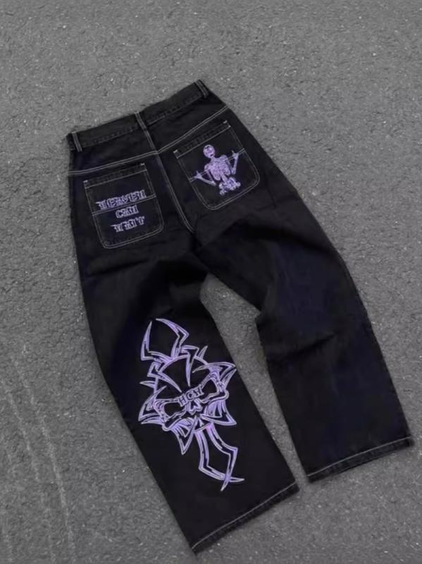 メンズ ワイドパンツ ルーズフィット デニムパンツ 直筒型 ミッドライズ ジップフライ コットン素材 微弾性 ヒップホップ ストリートファッション プリントデザイン 水洗加工 ブラック 赤星柄 白星柄 紫星柄 春夏 秋冬 普段使い 青年向け 軽量 伸縮性