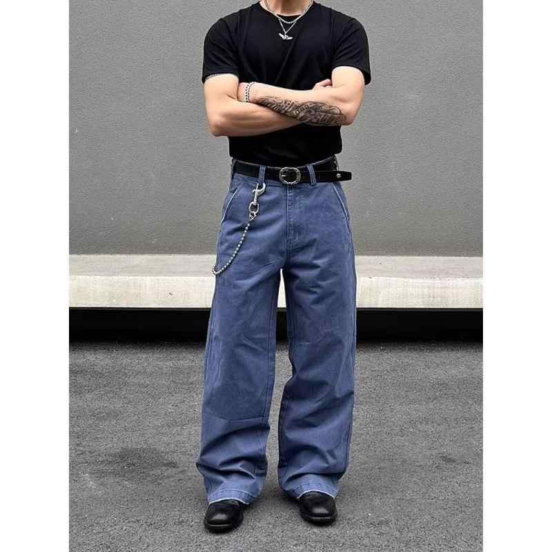 メンズ 工装パンツ 直筒 ワイドレッグ ミッドライズ コットン ポリエステル 混合 耐摩耗 免? 色牢度 高 ブルー 秋 シーズン ゆったり シルエット ロゴ ボトム ストレート フィット ボタン フライ ロブ ヘム ディテール カジュアル スタイル 日