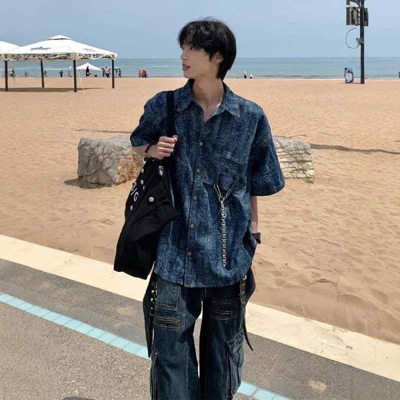 メンズ シャツ トップス 修身型 翻領 短袖 条紋柄 深藍色 通勤 日常 春季 青少年 ポリエステル ?綸 金属装飾 青春流行 ルーズフィット ストリートスタイル