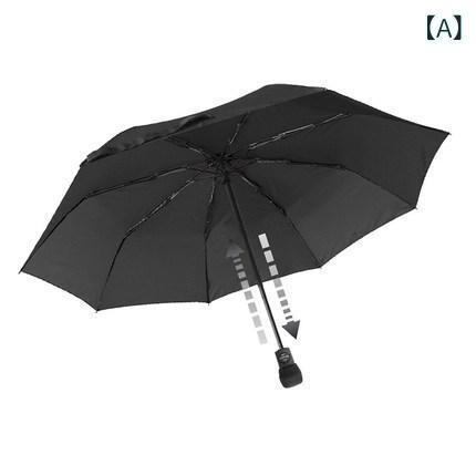 折りたたみ傘 自動小銃開閉 強風抵抗性 雨風打つ手 ゴルフ用 晴雨兼用 軽さ 撥水産業 ポリエステル 硝子衣料繊維骨 アロイ中棒 EVA柄 8本骨 三折り 密集して布 欧風 露天用 UPF50以上 UV取りすてる 黒いこと しろがね色 米国海軍 照りかえす黒いこと