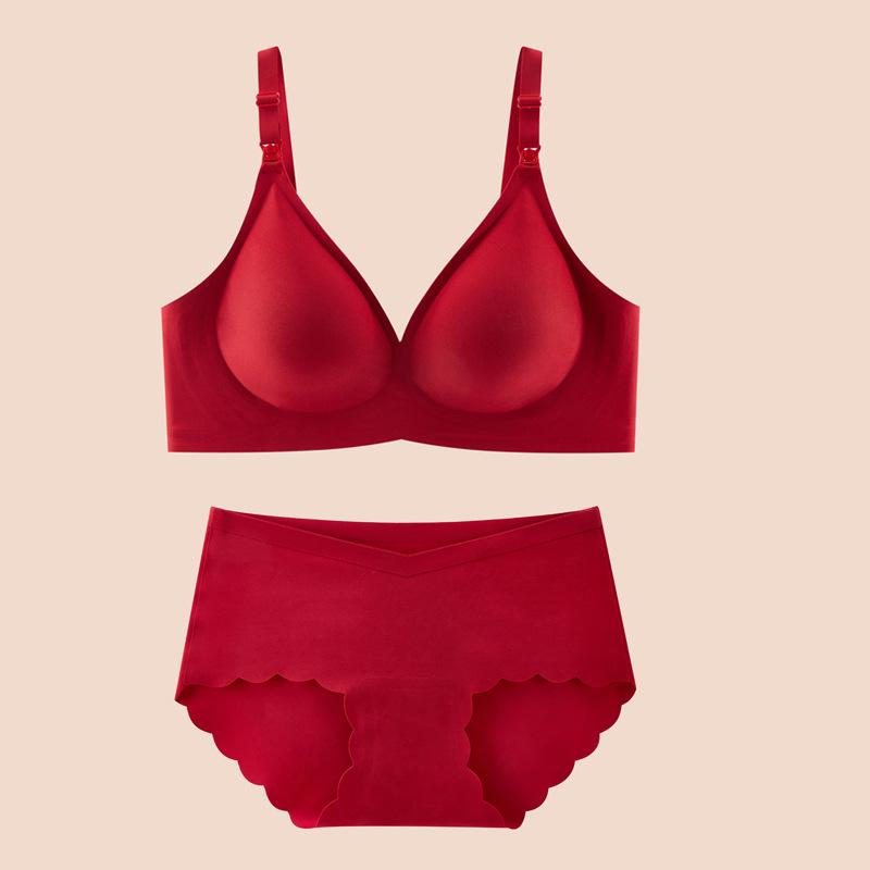 マタニティ インナーセット ビッグサイズ 妊婦用 ブラジャー パンティ セット 哺乳機能 授乳 3/4カップ 薄型カップ 固定肩ストラップ 後ろ4段ホック 防下垂 ガードル 集約 集め 赤 ワインレッド ビビッドレッド ニット ナイロン ポリウレタン 伸