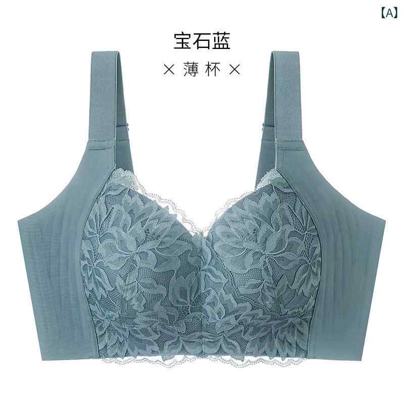 ブラ 文胸 女性用 大きめバスト スリム効果 全カップ ノーワイヤー 防下垂 脇肉補正 調整型 ソフトサポート 薄型カップ 固定ストラップ 後ろフック ブルー グレー ベージュ ブラック 伸縮性 接触冷感 再生繊維 ニット素材 スリムフィット 夏用 イン