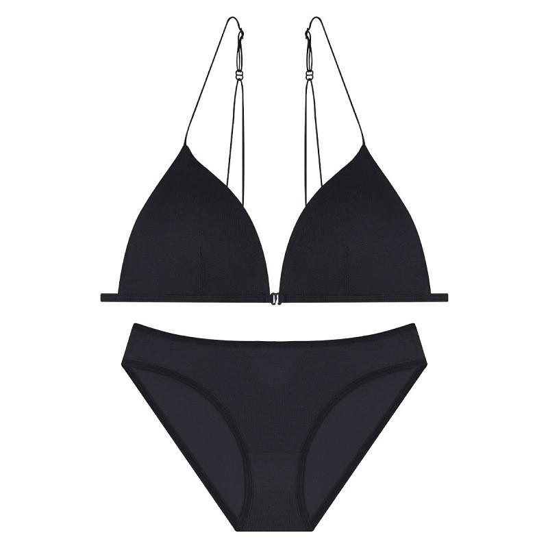法式 セクシー インナー 女性用 前ホック 3/4カップ ワイヤレス ブラ 薄型カップ 綿素材 細肩ストラップ 美背デザイン 透気性 快適 セット