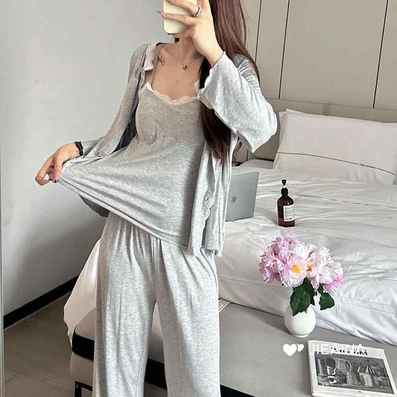 女性用 純欲風 3点セット モダール セクシー 寝間着 セット 長袖 Vネック トップス ショーツ ロングパンツ コットン ポリエステル 透気性 中厚 花柄 ブラック グレー 花灰色 室内着 部屋着 ゆったり リラックス 秋冬 春夏 通年 機能的 かわい