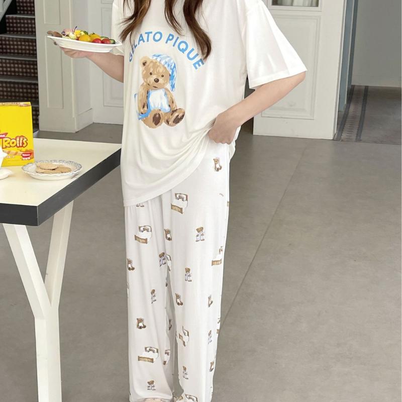 レディース かわいい モダール コットン 短袖 長ズボン 寝間着 ホームウェア セット 春夏 薄手 丸首 三分袖 透気性 吸湿速乾 接触冷感 伸縮性 快適 ラウンジウェア カジュアル 睡眠用 居家用 かわいい熊プリント ピンク ホワイト 軽量 通年