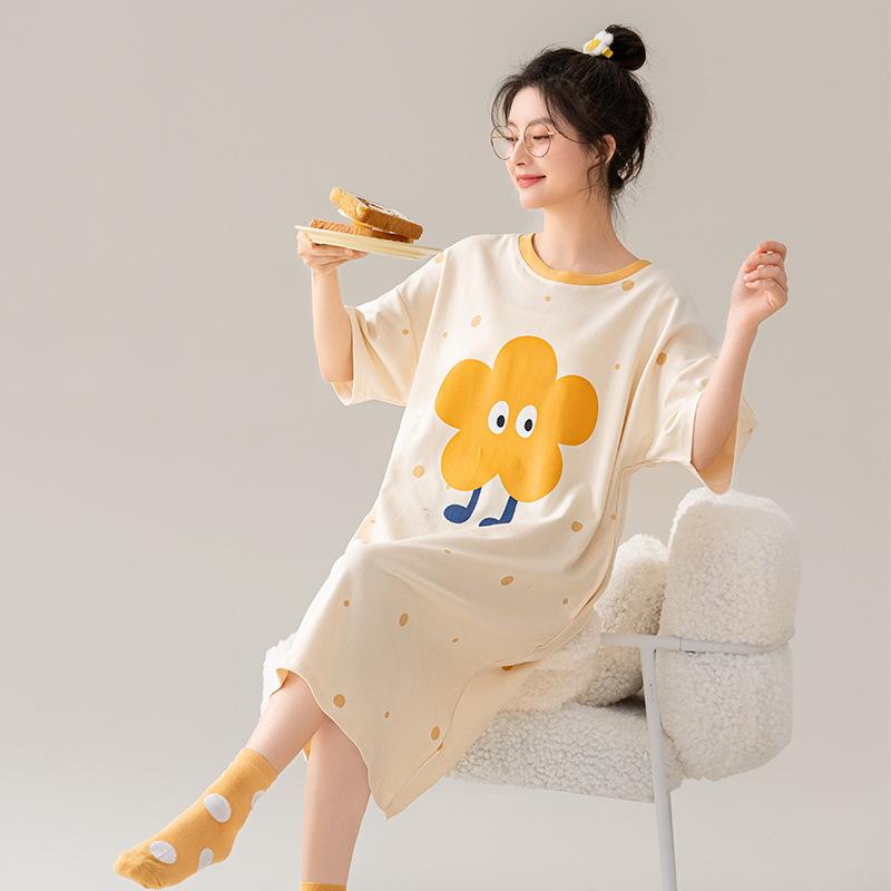 ワンピース 女性用 夏用 純棉 寝間着 短袖 丸首 中丈 透気 快適 防? 抑菌 不起毛球 高級感 可外出 部屋着 涼快 睡眠 浴場 ホテル 屋外 純欲風