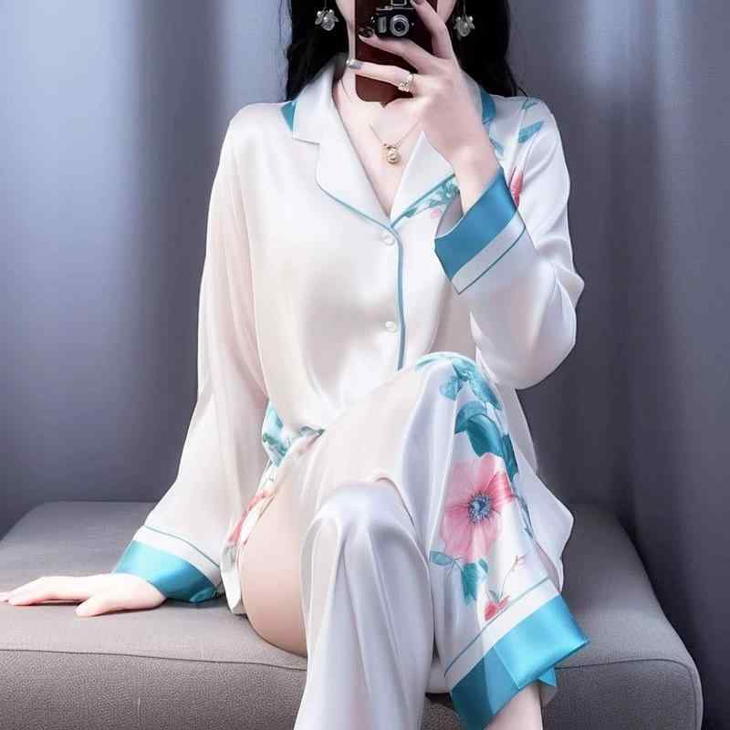 パジャマ レディース 長袖 薄手 接触冷感 花柄 ポリエステル セット トップス ロングパンツ かわいい 春夏 秋冬 通年 室内着 寝間着 軽量 吸湿速乾 伸縮性 保暖 涼爽 快適 外出可 スイートスタイル 花卉柄 翻領 181g 青年女性 ピンク系 ア