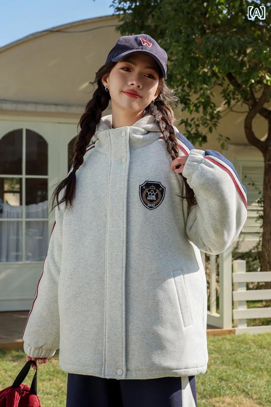 秋冬 レディース コート 少女用 フード付き 立領 綿混 長袖 ゆったりシルエット 厚手 暖か 学院風 清新 甘め デザイン ジャケット トップス 開襟 カーディガン タイプ 普段使い 軽量 吸湿速乾 ネイビー グレー アイボリー 組み合わせ 秋冬 シー