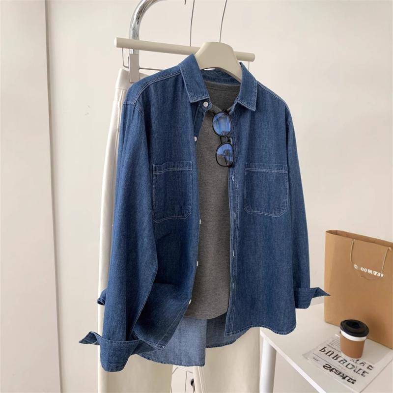 レディース シャツ トップス 綿 水洗 デニム ブルー 長袖 開衫 ポロカラー ゆったり シルエット 普通丈 単排ボタン 気質 通勤 スタイル 復古 風合い 洗い加工 軽量 吸湿性 普段使い 春 秋冬 対応 カジュアル 百搭