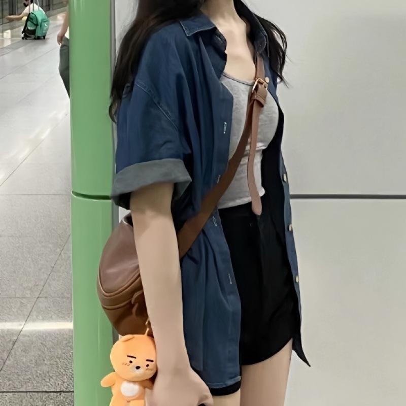 シャツ レディース 半袖 デニム 接触冷感 薄手 夏 春夏 ゆったり デザイン ビンテージ 香港風 ハングネック フレアスリーブ 青 気質 通勤 都市 カジュアル 再生繊維 軽量 吸湿速乾 トップス ブラウス