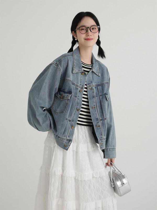レディース ジャケット コットン デニム ワイドシルエット 春夏 軽量 中厚 長袖 ポロカラー 単排ボタン 浅ブルー ステッチ プリーツ 切り替え ビンテージ風 日韓カジュアル 普段使い トップス シャツ ブラウス 快適 吸湿速乾 伸縮性 ハイネック ル