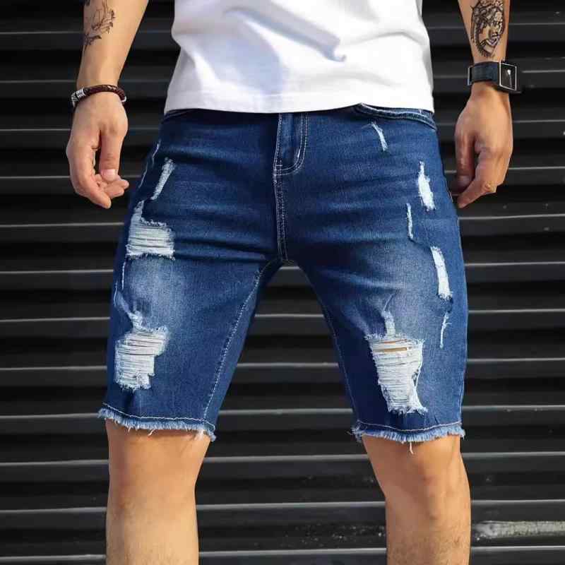 メンズ デニム ショートパンツ 夏 スリムフィット コットン 素材 微弾性 破れデザイン 英?スタイル 深藍色 ブラック 復古カラー 軽量 吸湿速乾 普段使い 通勤用 カジュアル 5分丈 ハイウエスト ビッグシルエット
