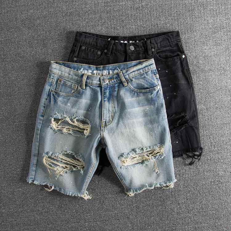 メンズ 牛仔 ショーツ デニム 短パン 破れ加工 ヴィンテージ 洗い加工 ゆったり シルエット 中腰 デザイン ジッパー 開閉 コットン 素材 無弾性 軽量 夏 春夏 通勤 普段使い カジュアル スタイル 浅ブルー ブラック ユース アイテム